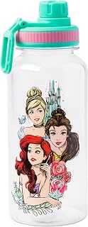 Silver Buffalo Disney Princess Ariel, Belle, and Cinderella Twist Spout Plastic Water Bottle with Stickers You Stick Yourself, 32 Ounces (Pack of 12)