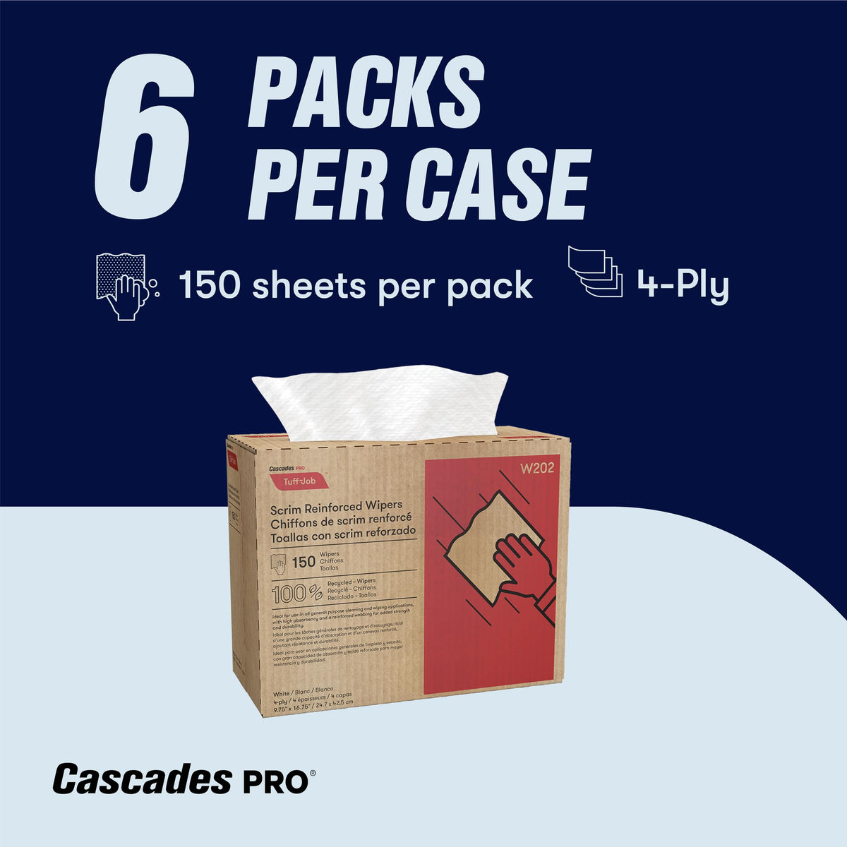 Tuff-Job Wipers by Cascades PRO – 1 Count (Pack of 6), Scrim Reinforced Paper, White, Pack of 6, Model W202