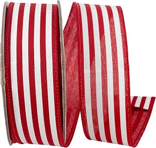 Reliant Ribbon Striped Linen Value Wired Edge, Red/White, 1-1/2 Inch, 10 Yards