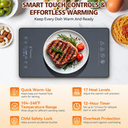 Yazzropt Electric Warming Tray, 4-Panel Glass Mat with 17 Heat Levels and Timer, Gray
