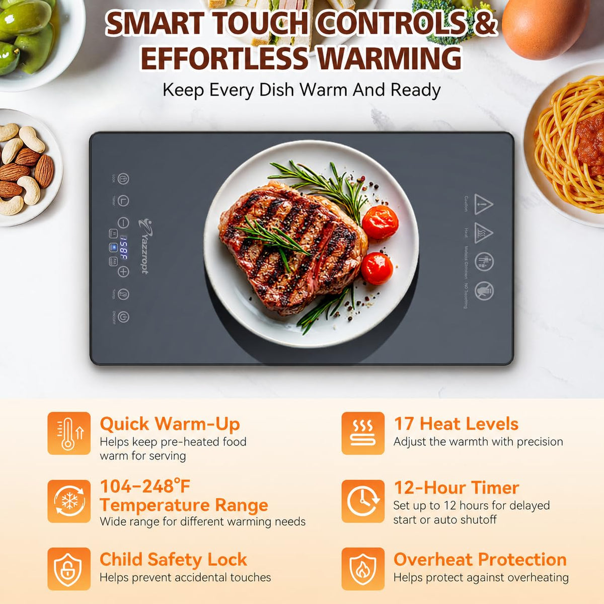 Yazzropt Electric Warming Tray, 4-Panel Glass Mat with 17 Heat Levels and Timer, Gray