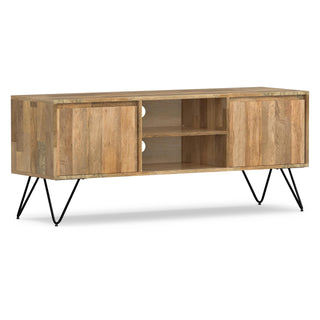 Kitchener 60" Wide Solid Wood TV Stand in Hickory Brown by SIMPLIHOME – 60 inch, Mango Wood, Refined Natural, Model AXCHUN-08