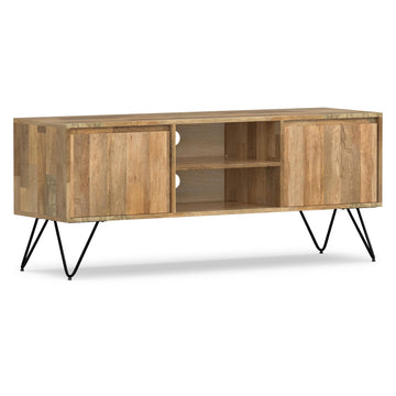 Kitchener 60" Wide Solid Wood TV Stand in Hickory Brown by SIMPLIHOME – 60 inch, Mango Wood, Refined Natural, Model AXCHUN-08