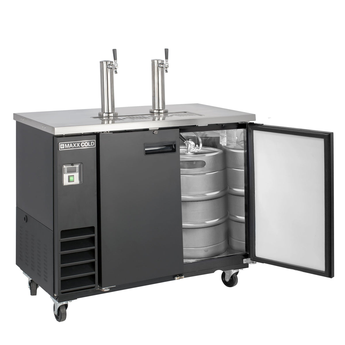 Dual Tower Beer Dispenser by MAXX Cold – 47.5 Inch Wide, 10.5 cubic_feet, Stainless Steel, Black, Model MXBD48-2BHC