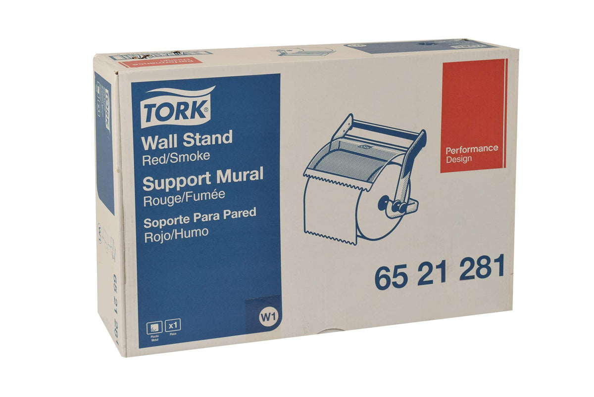 Wall Mounted Giant Roll Wiper Dispenser Red W by Tork – W 25.43in. H 18.23in. D 10.79in., Fiber Glass, Metal, Red/Smoke, Model 6521281