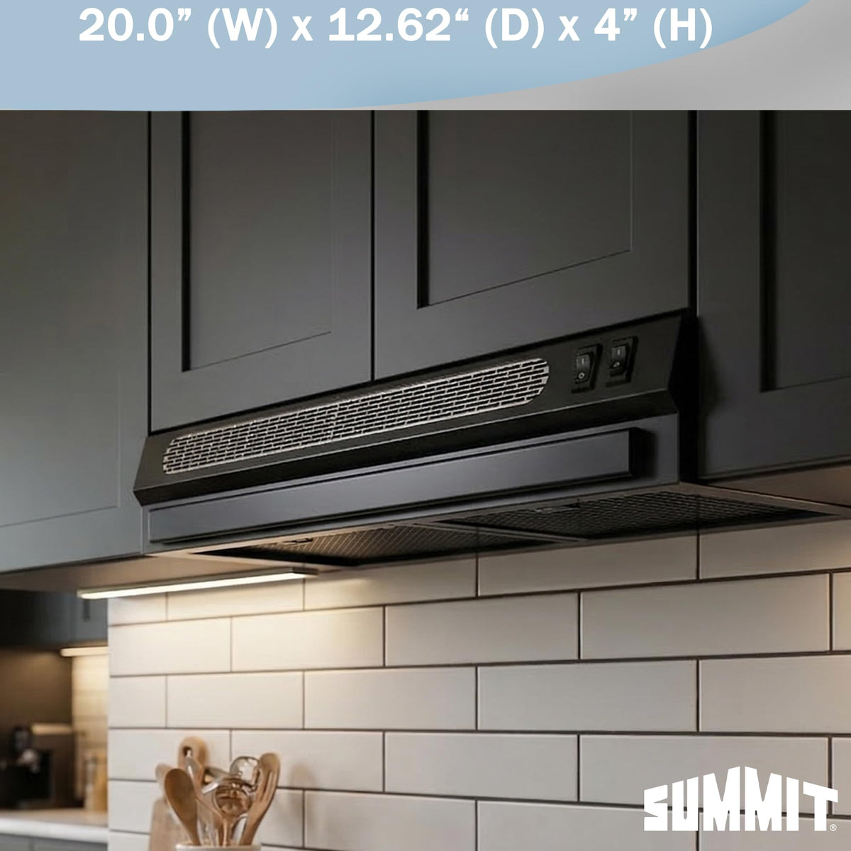 Summit 20” Range Hood by Summit Appliance – 20 Inch, Stainless Steel, Black, Model HRTX20BPTC