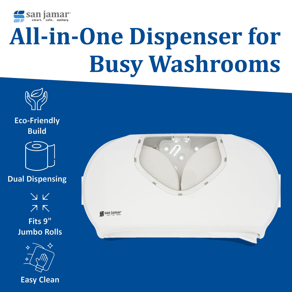 Summit Bath Tissue Dispenser by San Jamar – 9", Plastic, White/Clear, Model R4070WHCL
