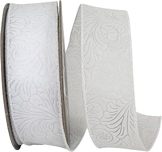 Reliant Ribbon Ribbon - Leaf Scroll Embossed Wired Edge, White, 1-1/2 Inch, 10 Yards