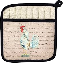 Betsy Drake PT133A White Rooster Beige Script Pot Holder