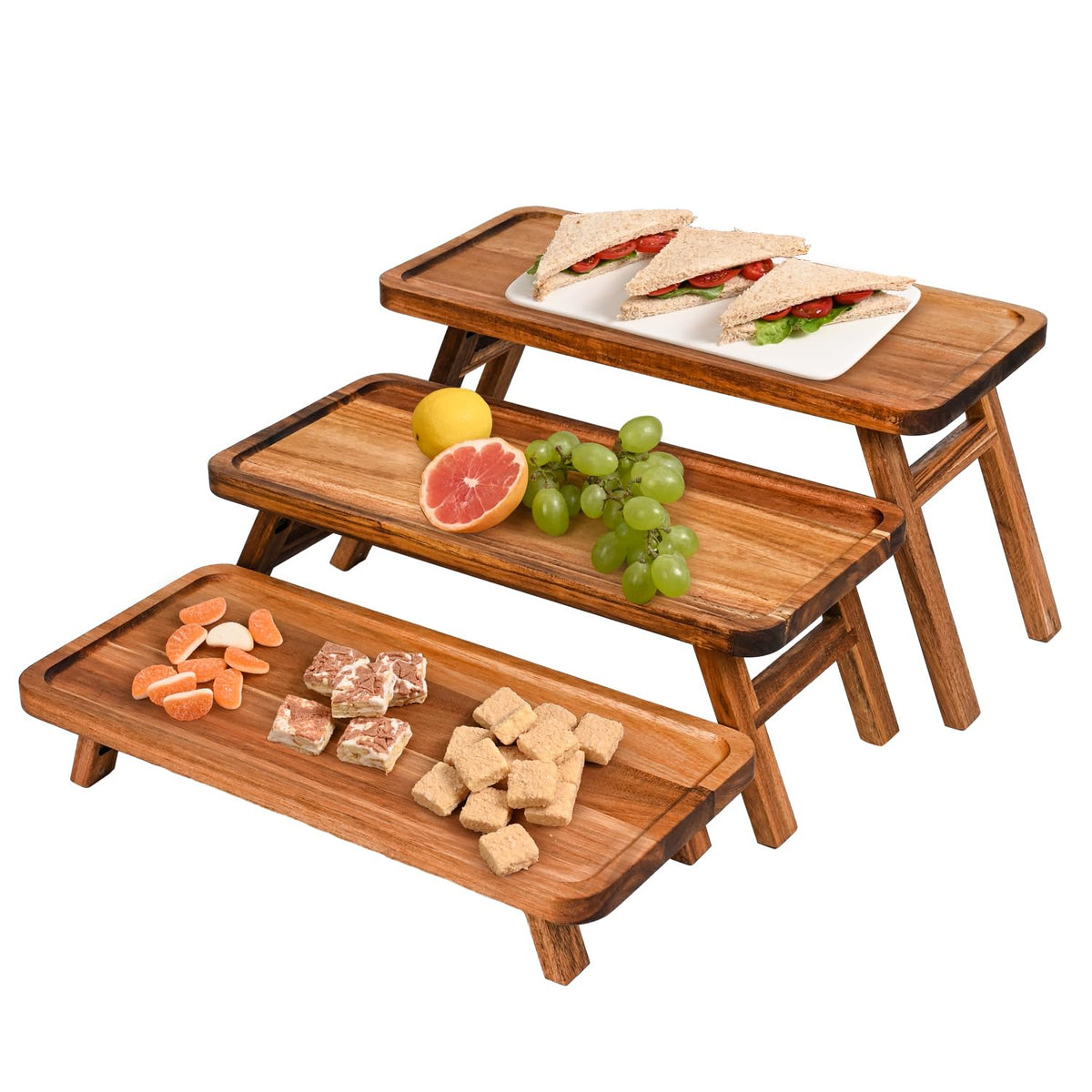 GEHE Tiered Serving Stand, Acacia Wood, 3 Tier Foldable