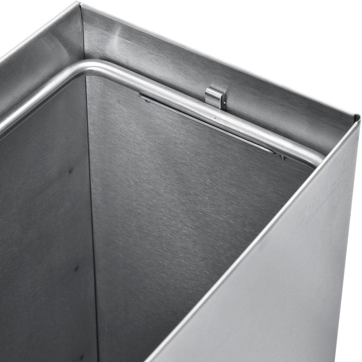 Indoor Wall Mount Trash Can by Global Industrial – 6"L x 14"W x 18"H, 6.4 gallons, Stainless Steel, Satin, Model 641437SS