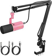 TONOR Dynamic Podcast Microphone, XLR/USB Mic for Recording, Streaming, XLR Cardioid Studio Mic with Quick Mute, 3.5mm Jack, Volume Control, 200 cm/78inch Cable, with Boom Arm, Pink, TD510+