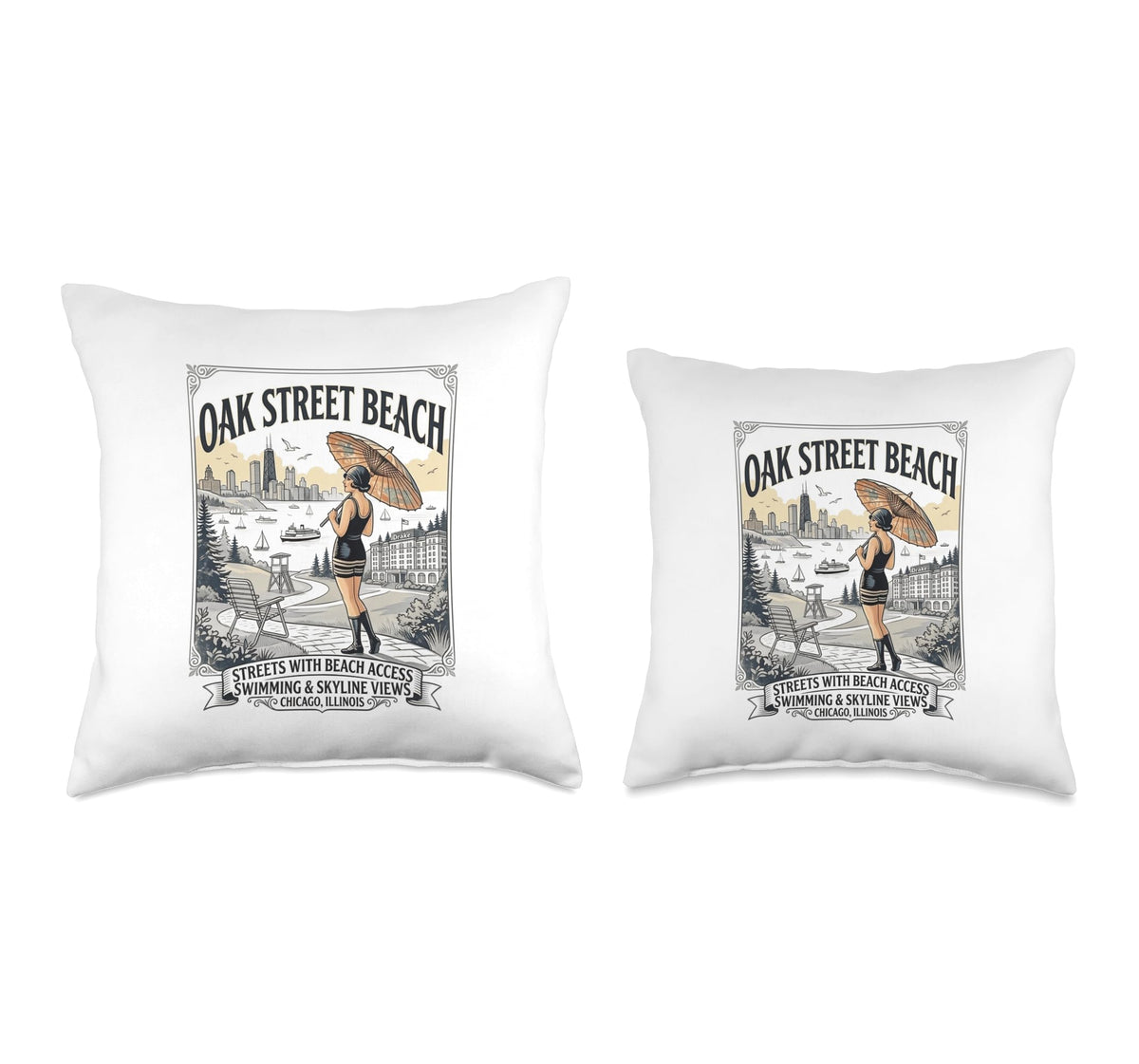Vintage Oak Street Beach Chicago Design Throw Pillow by Lakefront Summer Co – 18x18, polyester twill fabric, Multicolor, Model GTTR67A1JVSUS_18X18