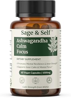 Ashwagandha Calm Focus Capsules – Withania Somnifera Root Extract with Black Pepper – 1000 mg Per Serving – Vegan Herbal Supplement (60 Capsules)