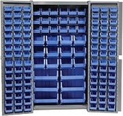 Global Industrial Deep Door Bin Cabinet, Includes 132 Blue Plastic Bins