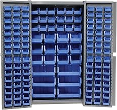 Global Industrial Deep Door Bin Cabinet, Includes 132 Blue Plastic Bins