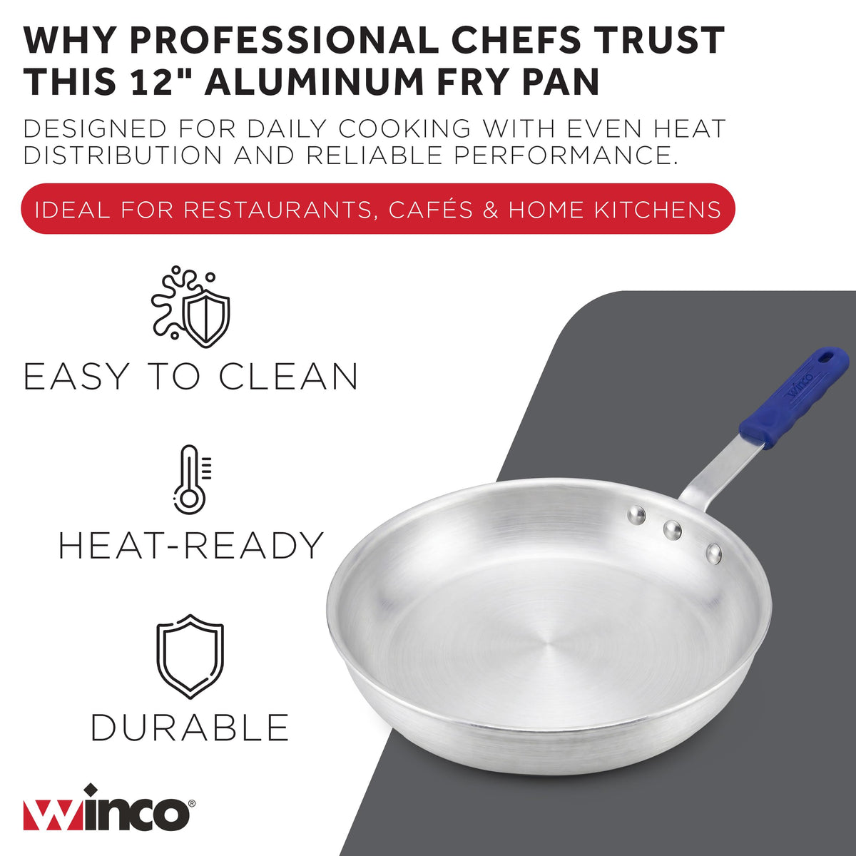 12" Aluminium Fry Pan with Cool Touch Handle by Winco – 12 Inch, 12.0 inches, Aluminum, Model AFP-12A-H