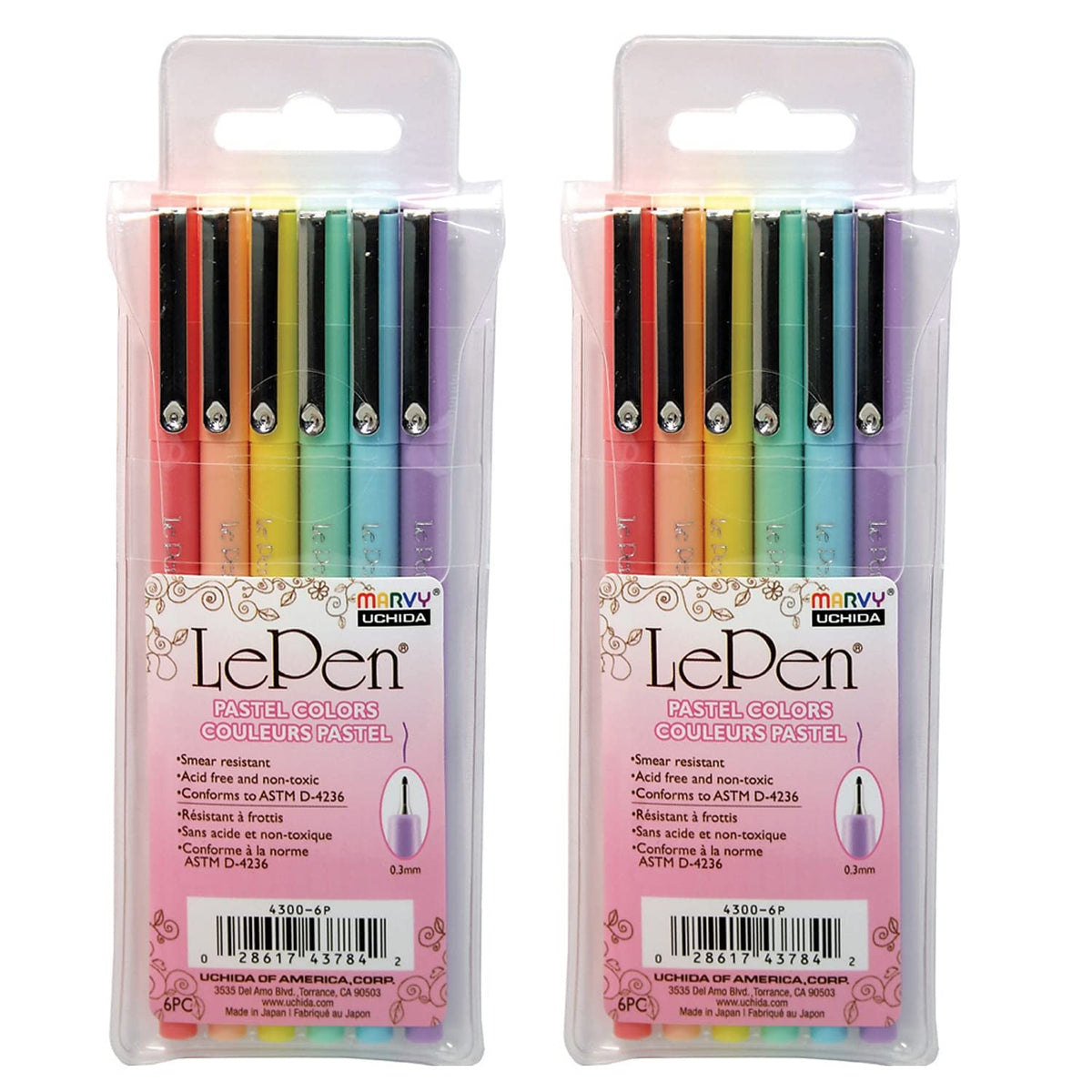 Marvy LePen Micro-Fine Point Pen by Uchida – Plastic, Yellow, Coral Pink, Pale Blue, Wisteria, Peppermint, Pastel Peach, Model UCH43006P-2