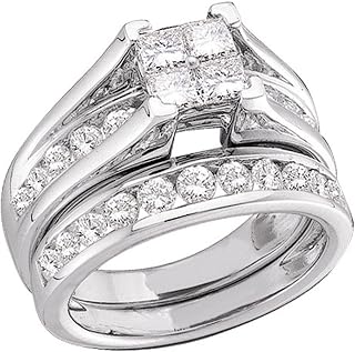 10K White Gold Princess and Round Cut Diamond Bridal Engagement Ring and Matching Wedding Band Two 2 Ring Set - Bridge Setting Invisible Set Square Princess Shape Center Setting with Channel Set Side Stones - (1/2 cttw.)