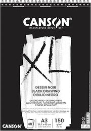 Canson XL Black Drawing 150gsm A3 Paper, Double Sided: Grained & Smooth, Spiral Pad Short Side, 40 Black Sheets, Ideal for Professional Artists & Illustrators