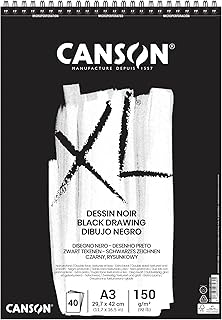 Canson XL Black Drawing 150gsm A3 Paper, Double Sided: Grained & Smooth, Spiral Pad Short Side, 40 Black Sheets, Ideal for Professional Artists & Illustrators