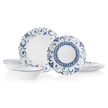 12-Piece Dinnerware Set Service for by Corelle – Vitrelle® glass, Blue, Pack of 12, Model 3516