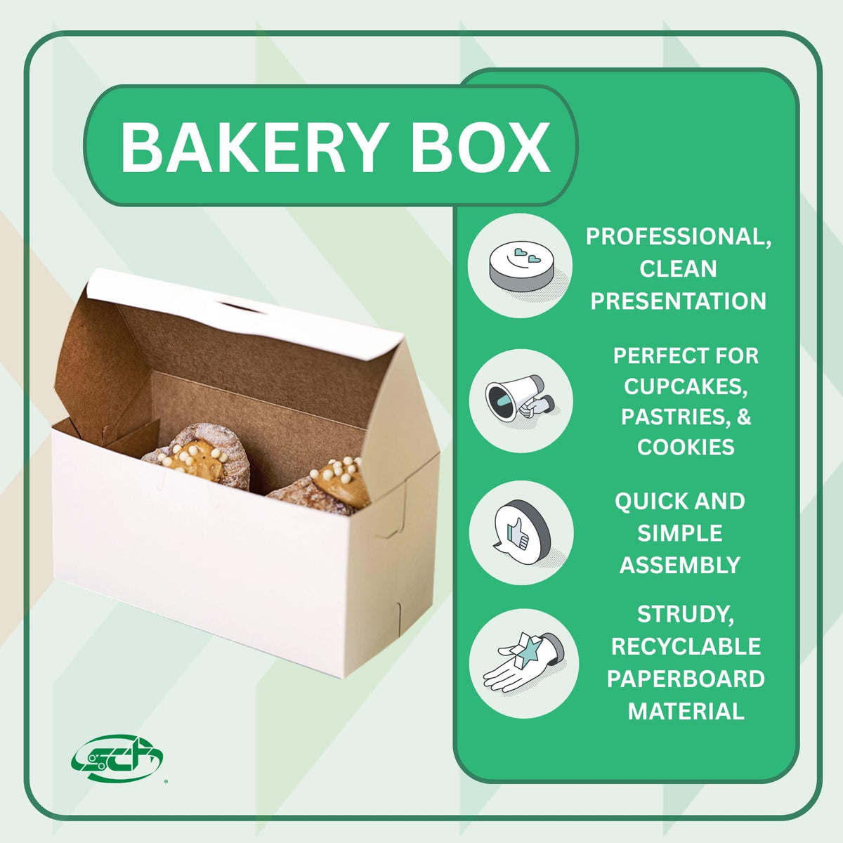Premium Clay Coated Kraft Paperboard White Non-Window Lock Corner Bakery Box by SOUTHERN CHAMPION TRAY – 8" L x 5" W x 3" H - 250ct, Cardboard, White, Pack of 250, Model 0925