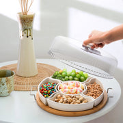 Yarlung Ceramic Divided Appetizer Tray, 11 Inch Bamboo Platter with Handles and Lid, White