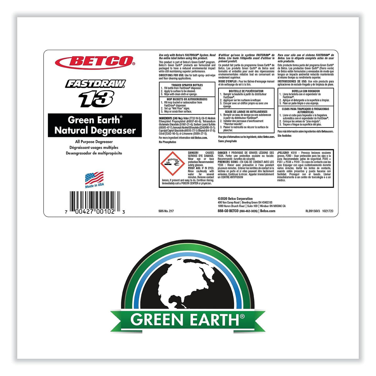 FastDraw 13 Green Earth Natural Hard Surface Degreaser Concentrate by Betco – 67.6 Fl Oz (Pack of 1), Green
