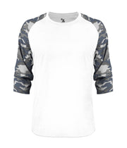 Vintage Camo Tri-Blend Baseball Tee by by Badger – Polyester Blend, Mercerized Cotton, Rayon, White/ Navy Vintage Camo