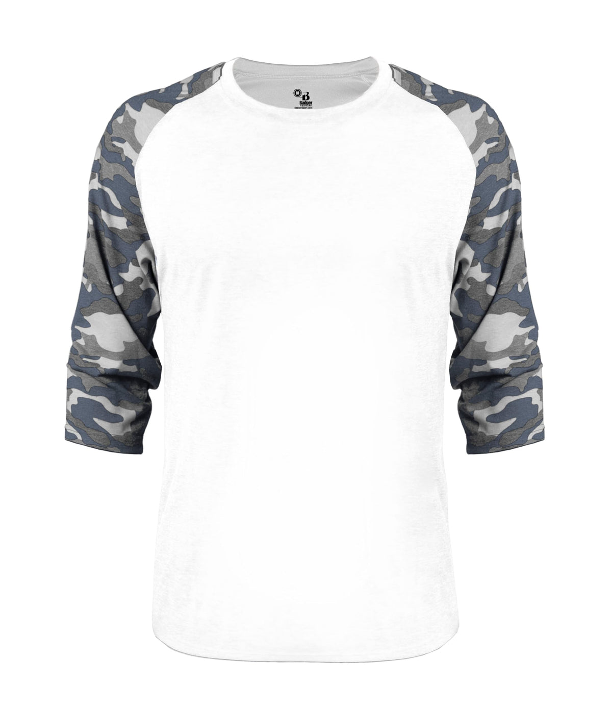 Vintage Camo Tri-Blend Baseball Tee by by Badger – Polyester Blend, Mercerized Cotton, Rayon, White/ Navy Vintage Camo