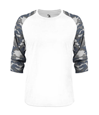 Vintage Camo Tri-Blend Baseball Tee by by Badger – Polyester Blend, Mercerized Cotton, Rayon, White/ Navy Vintage Camo
