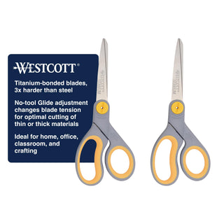 8” Titanium Bonded Scissors with Adjustable Glide and Soft Handle by Westcott – 2-Pack, Titanium Bonded, Gray/Yellow, Model 13901