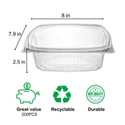 48oz RPET Clear Hinged Lid Deli Container -200Pcs by KODA CUP – 48oz, 48.0 fluid_ounces, Plastic, Clear, Pack of 200