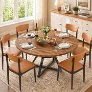 Concho 55 Inch Round Dining Table for 4-6, Rustic Brown | Kitchen Table with Pedestal Metal Frame, Under-table Storage, Mesa de comedor with 1.18-inch Thick Solid Desktop