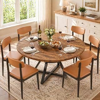 Concho 55 Inch Round Dining Table for 4-6, Rustic Brown | Kitchen Table with Pedestal Metal Frame, Under-table Storage, Mesa de comedor with 1.18-inch Thick Solid Desktop