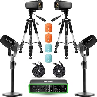 Movo Video Podcast Equipment Bundle – USB Audio Interface, 2 XLR Dynamic Microphones, 2 4K UHD Cameras, 2 Desk Stands – Complete Podcast Setup