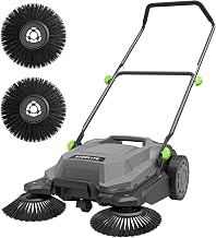 Steelite Walk-Behind Hand Push Floor Sweeper, 26.8" Sweeping Width Floor Sweeper Manual Non-Electric, 6.35 Gal Waste Container, Angle & Height Adjustable Folding Handle for Walkway, Yard, Driveway