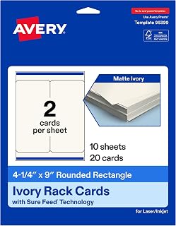 Avery Printable Rectangle Rounded Rack Cards, 4.25" x 9", Matte Ivory, Sure Feed Technology, Laser/Inkjet Compatible, 20 Total, Ideal for Packaging, Displays, and More