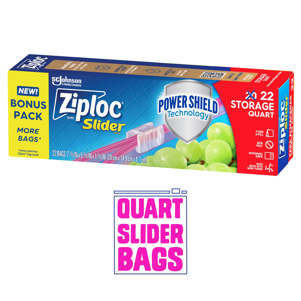 Quart Food Storage Slider Bags by Ziploc – 22 Count, 1.0 quarts, Plastic, Green, Model 383178