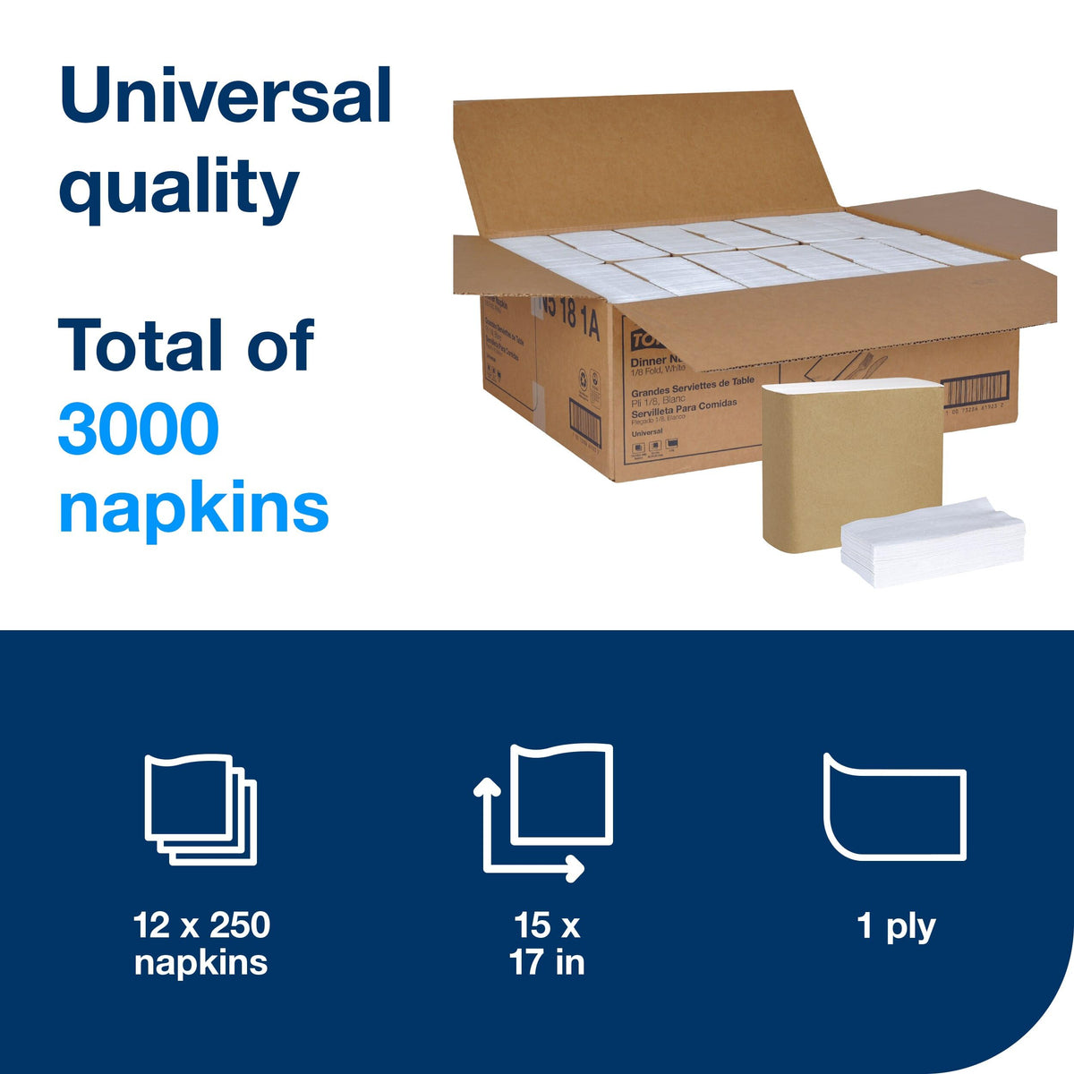 White Dinner Napkin by Tork – 8.5" x 3.8", Paper, white, Pack of 3000, Model N5181A