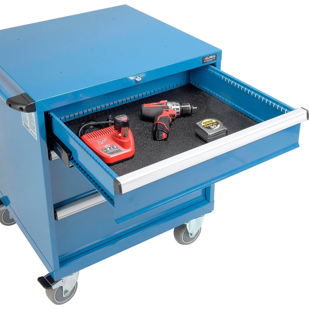 3 Drawers Mobile Modular Drawer Cabinet w/Lock by Global Industrial – 30 inches (W) x 27 inches (D) x 36.7 inches (H), Alloy Steel, Blue, Model 298446BL