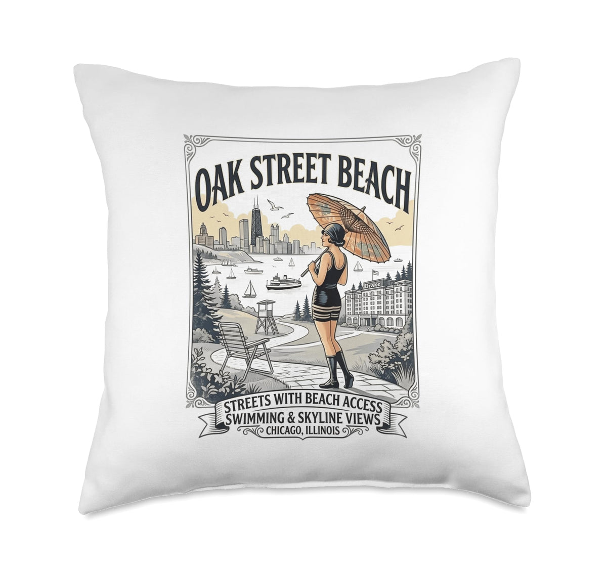 Vintage Oak Street Beach Chicago Design Throw Pillow by Lakefront Summer Co – 18x18, polyester twill fabric, Multicolor, Model GTTR67A1JVSUS_18X18