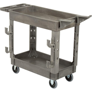 Plastic 2 Shelf Service Cart with Ladder Holder and Utility Hooks by Global Industrial – 38"L x 23.5"W x 32.5"H, Plastic, Gray, Model 800371