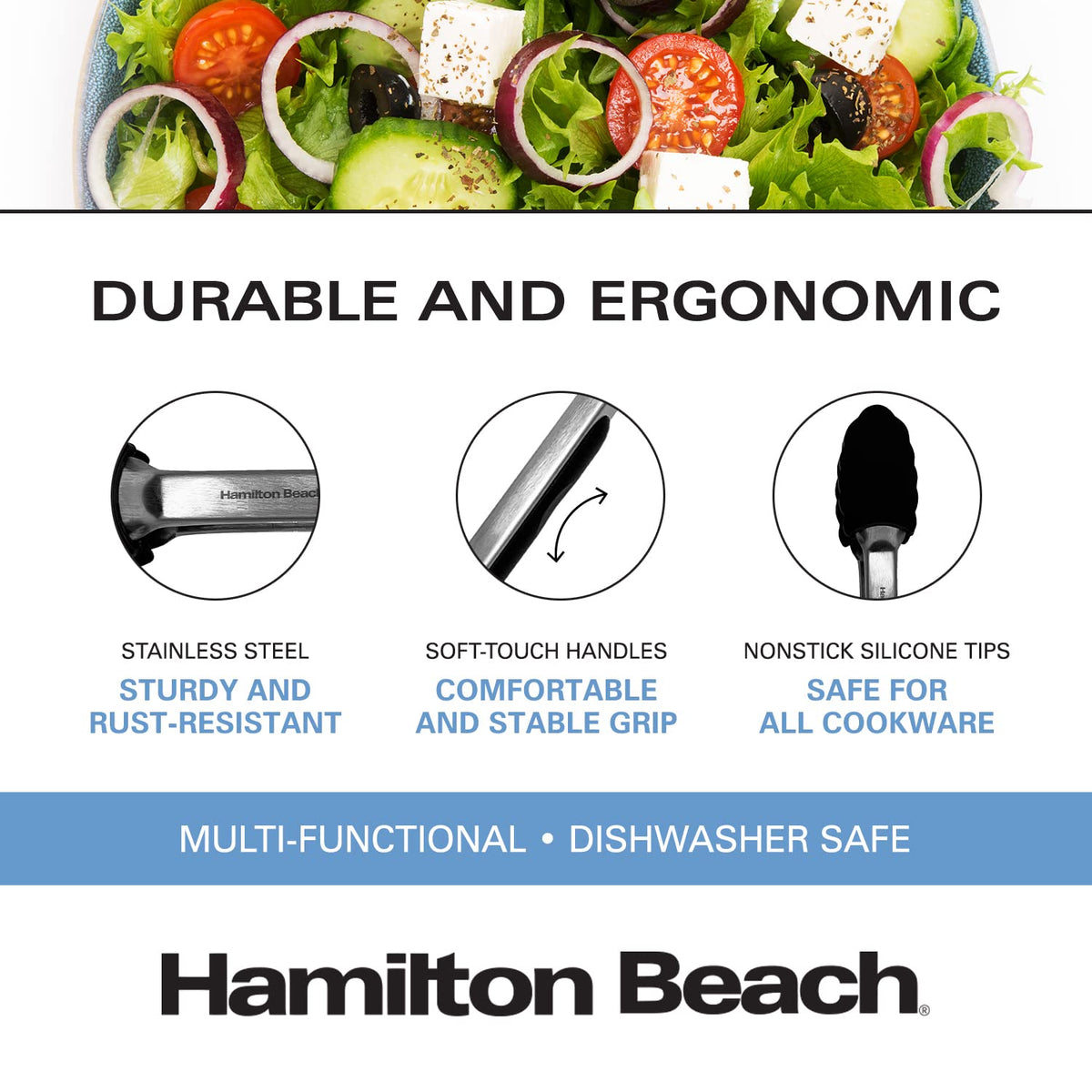 Stainless Steel 12in Food Tong with Silicon Top by Hamilton Beach – Tongs, Stainless Steel, Black, Model HGA107