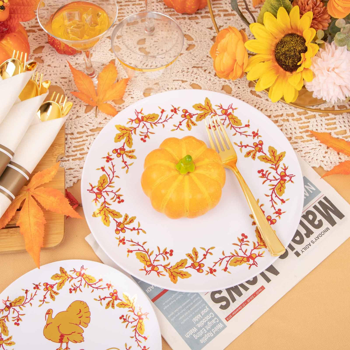 Ciaell Thanksgiving Disposable Dinnerware Set, 175 Pieces, White and Gold