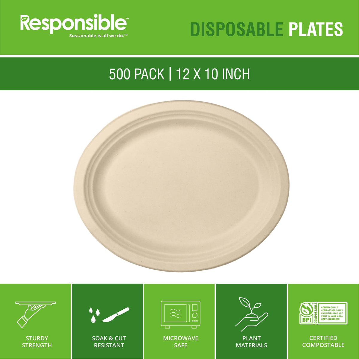 Responsible Products 12 x 10 inch (500 Count) / Natural Brown / Casual Plates
