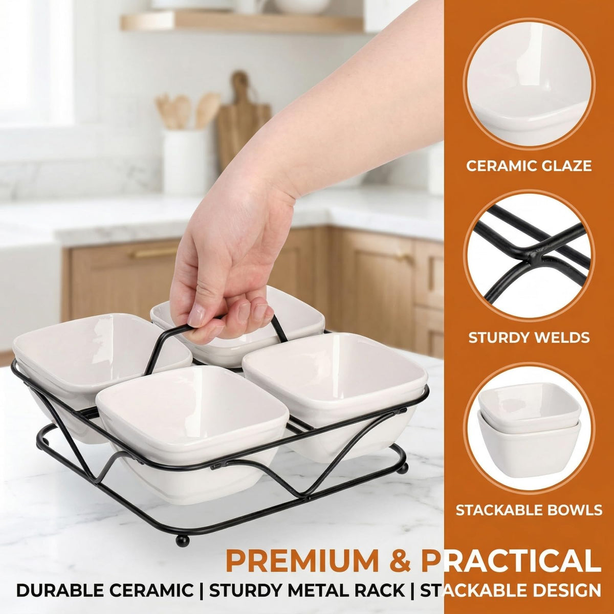 Pumtus Ceramic Divided Snack Tray, 4 Removable 12oz Bowls with Metal Stand, White
