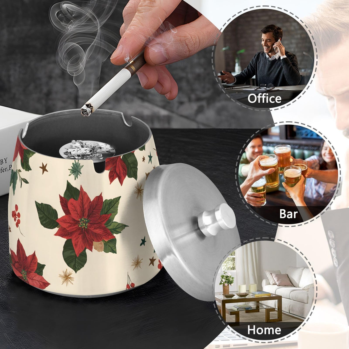 Poinsettias Holly Leaf Splash Ashtray with Lid by ALAZA – Stainless Steel, C4885, Model g541054487p1082c1149s2657