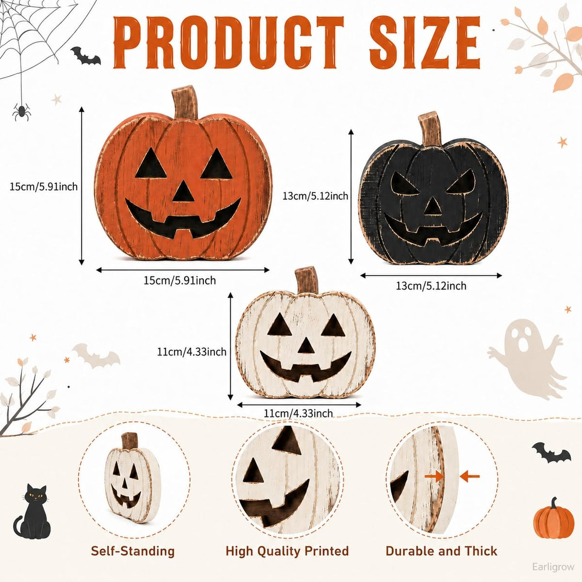 Earligrow Wood Pumpkin Set, Distressed Finish, Black and Orange